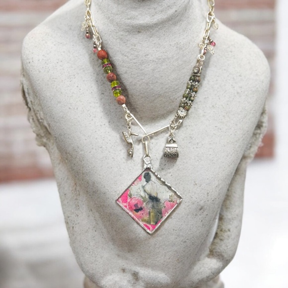 Tiny Art Canvas Silver & Glass Pendant w/ Unakite & Pink Jasper Artisan Necklace - Picture 3 of 17